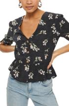 Women's Topshop Floral Tie Cuff Blouse Us (fits Like 0) - Black