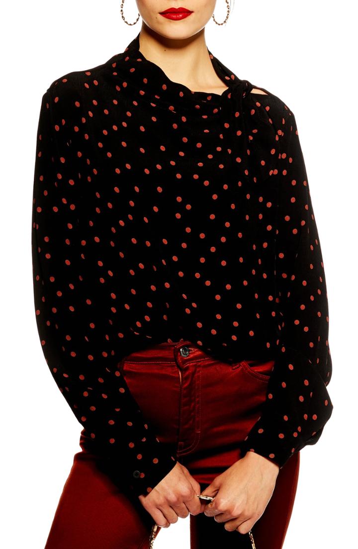 Women's Topshop Spotted Pussybow Blouse Us (fits Like 0-2) - Black