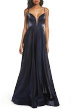 Women's La Femme Plunging Satin A-line Gown - Blue