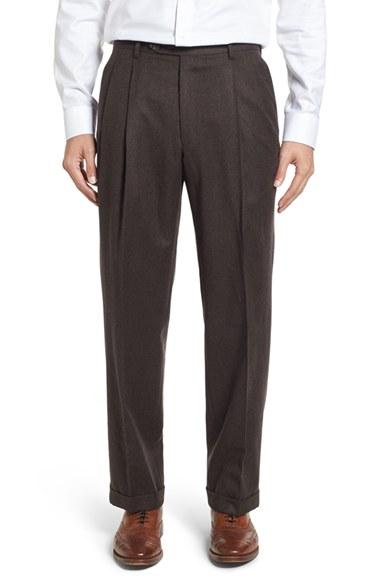 Men's Berle Pleated Solid Wool Trousers X Unhemmed - Brown