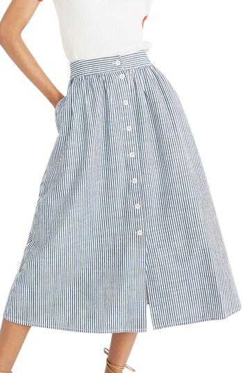 Women's Madewell Palisade Chambray Stripe Button Front Midi Skirt - Blue