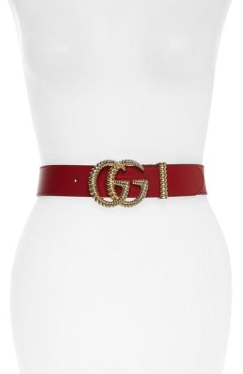 Women's Gucci Textured Gg Logo Leather Belt - Hibiscus Red