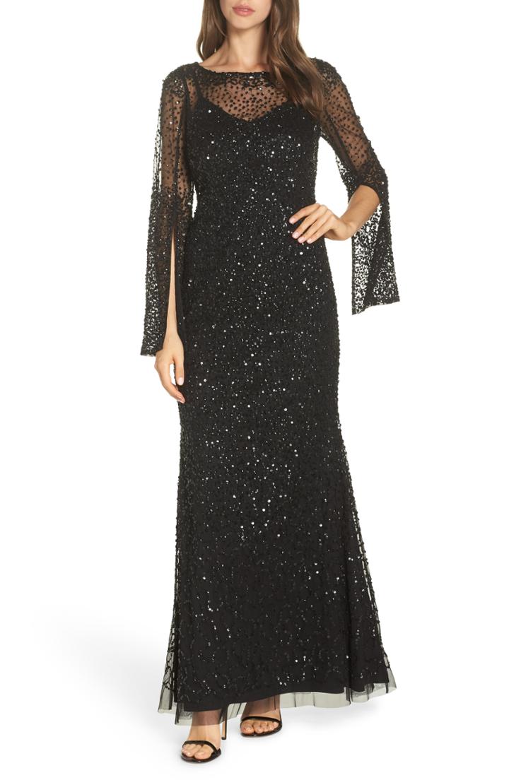 Women's Adrianna Papell Sequin Beaded Split Cuff Gown - Black