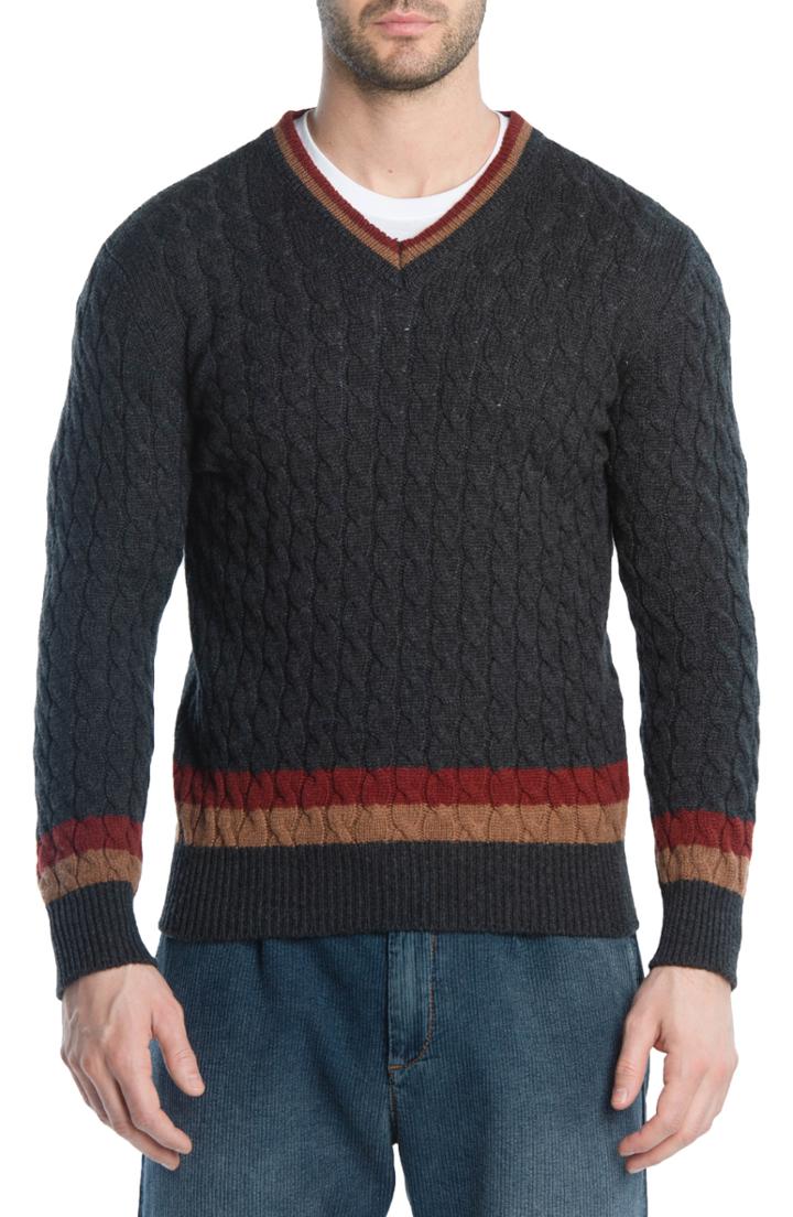 Men's Eleventy Cableknit Cashmere V-neck Sweater - Grey