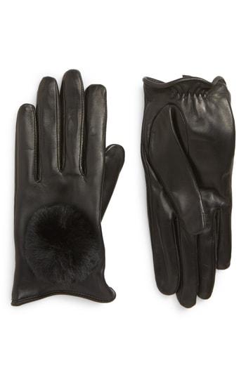 Women's Nordstrom Faux Fur Pompom Lambskin Leather Gloves - Black