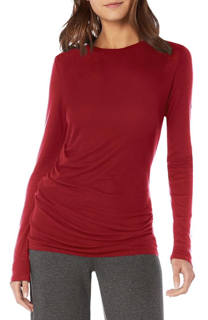 Women's Michael Stars Side Gather Long Sleeve Cotton Blend Top, Size - Red