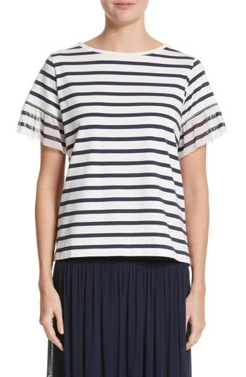 Women's Fuzzi Ruffle Sleeve Stripe Tee - White