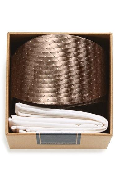 Men's The Tie Bar Dot Silk Bow Tie & Cotton Pocket Square Style Box, Size - Brown
