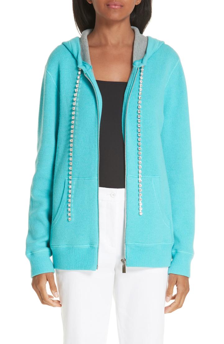 Women's Michael Kors Crystal Drawstring Cashmere Blend Hoodie - Blue