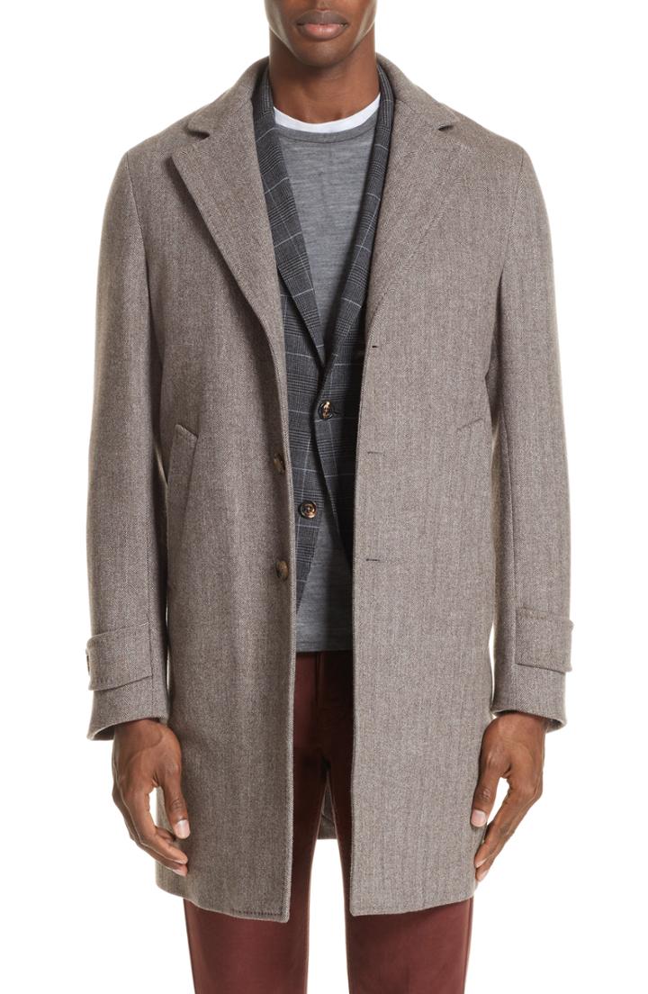 Men's Eleventy Trim Fit Herringbone Wool & Cashmere Coat Us / 52 Eu R - Beige