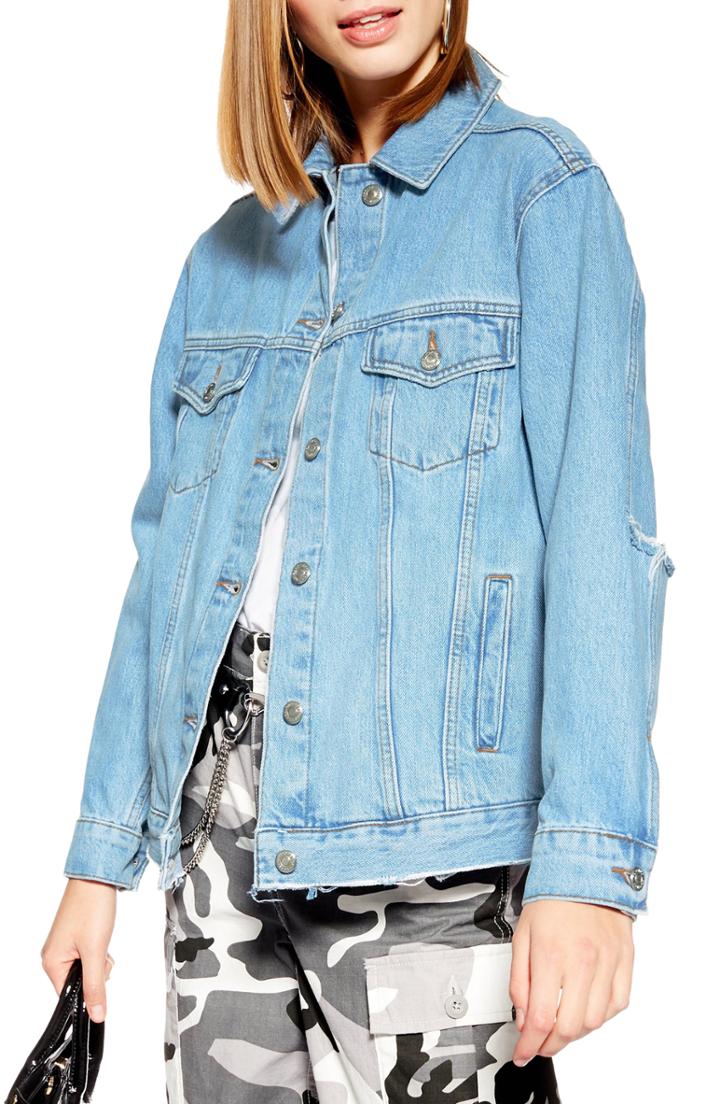 Women's Topshop Rip Elbow Denim Jacket Us (fits Like 0) - Blue