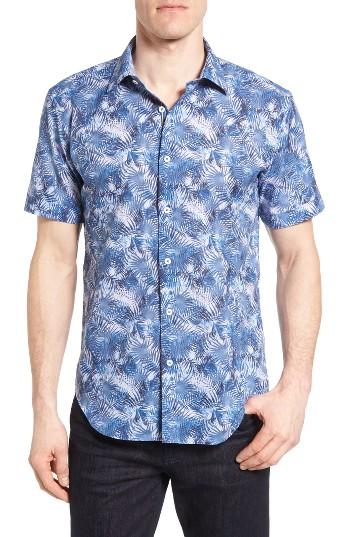 Men's Bugatchi Shaped Fit Fern Print Sport Shirt, Size - Blue