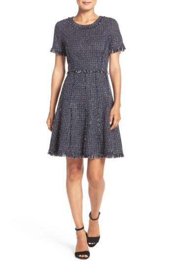 Petite Women's Eliza J Tweed Fit & Flare Dress P - Blue