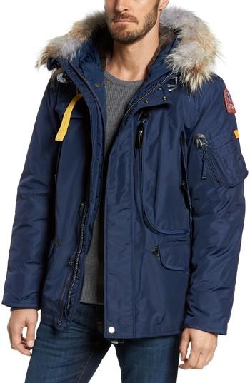 Men's Parajumpers Slim Down Parka With Faux Fur & Genuine Coyote Fur Trim, Size - Blue