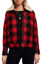 Women's Scotch & Soda Plaid Biker Jacket With Detachable Faux Shearling Collar - Red