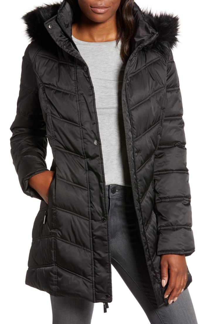 Women's Kenneth Cole New York Faux Fur Trim Puffer Jacket, Size - Black