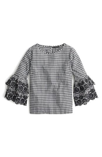 Women's J.crew Gingham Tiered Bell Sleeve Top - Black