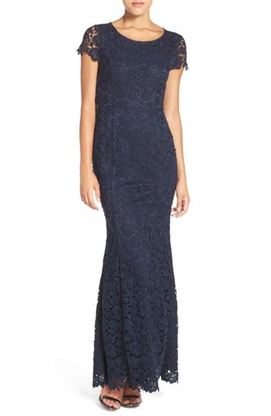 Women's Lulu's Open Back Cap Sleeve Lace Mermaid Gown