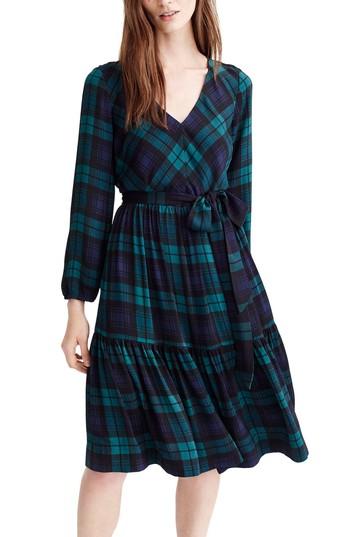 Women's J.crew Drapey Dress In Black Watch Plaid - Blue