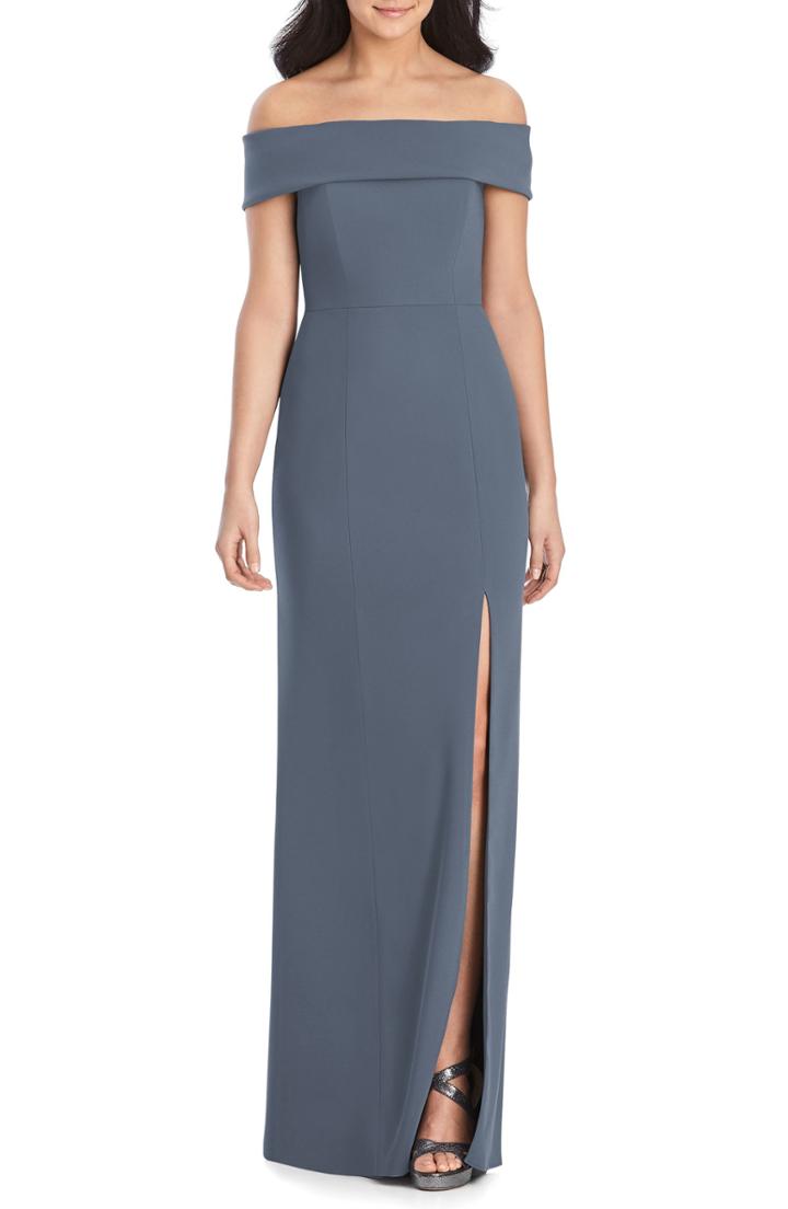 Women's Dessy Collection Off The Shoulder Side Slit Crepe Gown (similar To 14w) - Grey