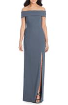 Women's Dessy Collection Off The Shoulder Side Slit Crepe Gown (similar To 14w) - Grey
