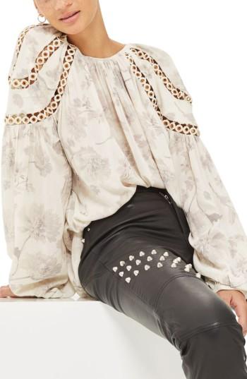 Women's Topshop Eyelet Detail Print Blouse Us (fits Like 0) - Ivory
