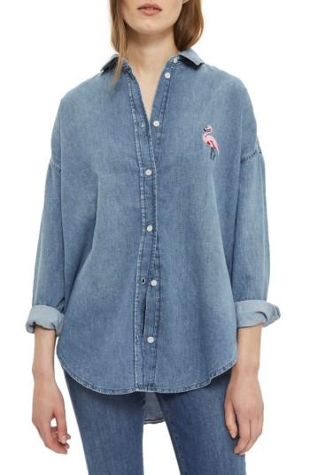 Women's Topshop Flamingo Denim Shirt Us (fits Like 0) - Blue