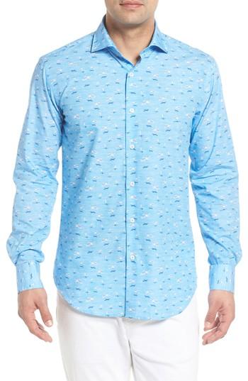 Men's Bugatchi Shaped Fit Airplane Sport Shirt - Blue