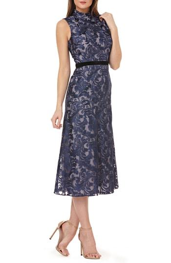 Women's Kay Unger Sleeveless Embroidered Tea Length Dress - Blue