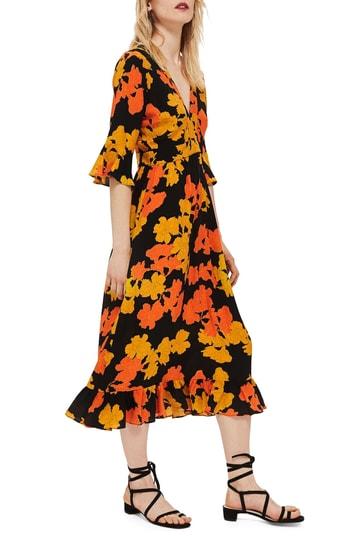 Women's Topshop Bold Floral Midi Dress Us (fits Like 0) - Black