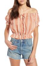 Women's Moon River Stripe Off The Shoulder Linen & Cotton Top - Orange