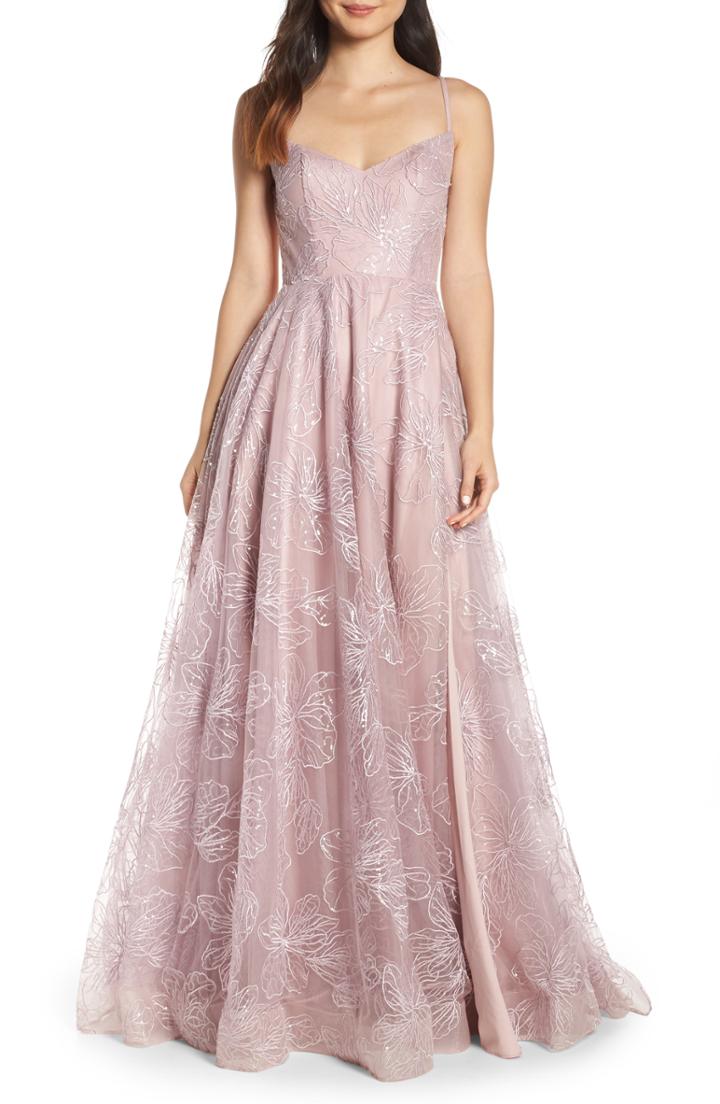 Women's La Femme Metallic Floral Embellished Evening Dress - Purple