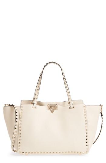 Valentino Garavani Medium Rockstud Leather Double Handle Tote - Ivory