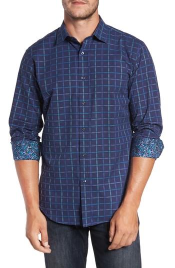 Men's Bugatchi Trim Fit Tattersall Sport Shirt, Size - Blue