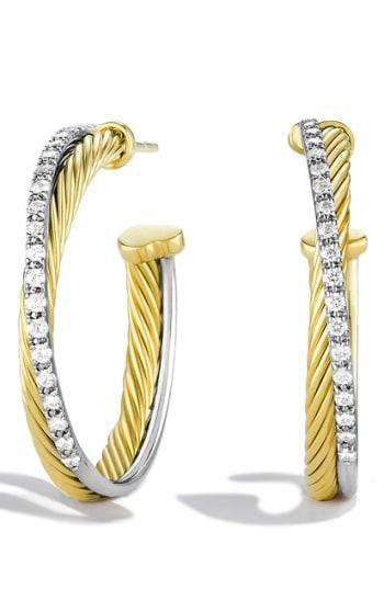 Women's David Yurman 'crossover' Medium Hoop Earrings With Diamonds In Gold