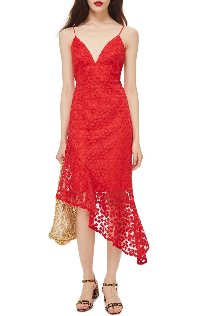 Women's Topshop Lace Plunge Asymmetrical Dress Us (fits Like 2-4) - Red