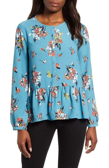Women's Gibson Front Button Peplum Blouse - Blue