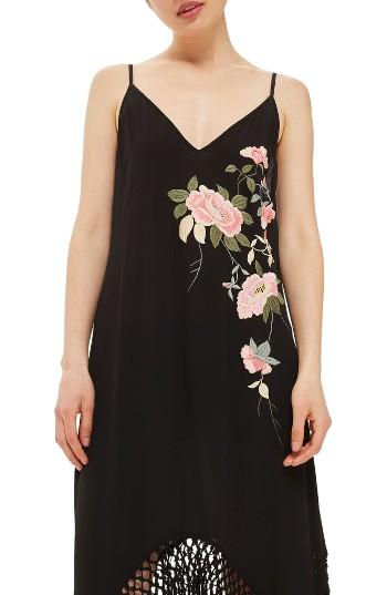 Women's Topshop Embroidered Fringe Hem Slipdress Us (fits Like 0) - Black