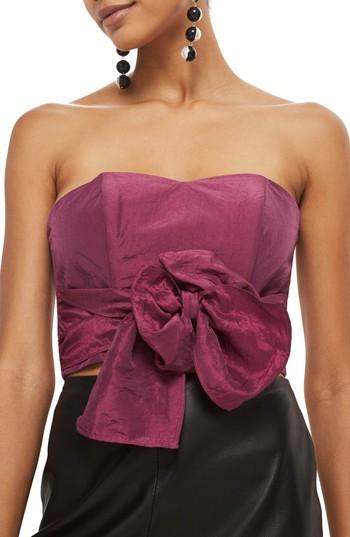 Women's Topshop Taffeta Sweetheart Bandeau Tie Blouse Us (fits Like 0) - Purple