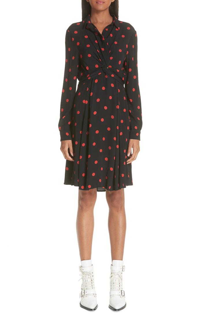 Women's Ganni Barra Dot Twist Front Crepe Shirtdress Us / 34 Eu - Black
