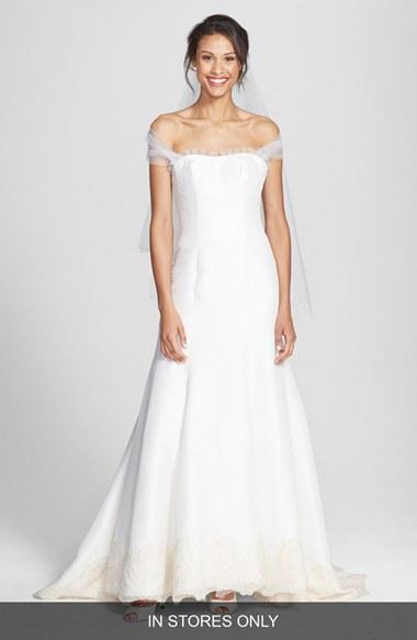 Women's Olia Zavozina 'savannah' Removable Illusion Halter Lace Trim Silk Shantung Gown