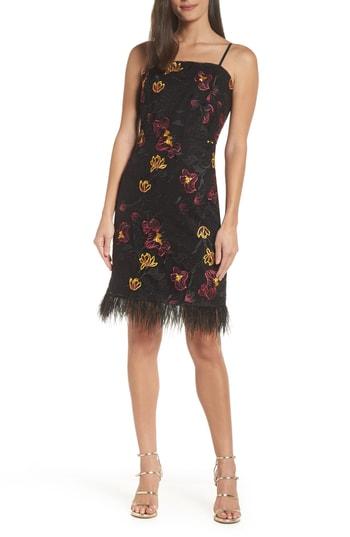 Women's Sam Edelman Feather Trim Embroidered Mesh Sheath Dress - Black