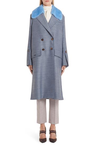 Women's Fendi Genuine Mink Fur Collar Wool & Silk Blend Coat Us / 44 It - Blue