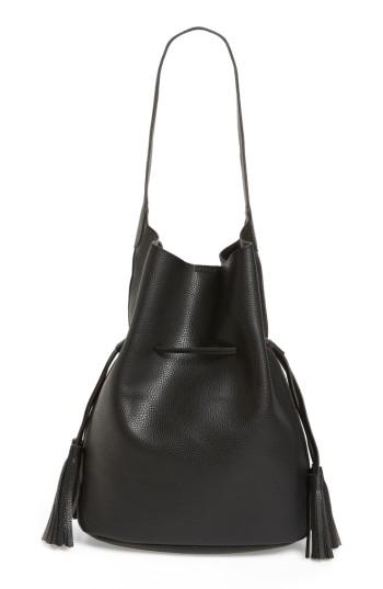Street Level Drawstring Faux Leather Bucket Bag - Black