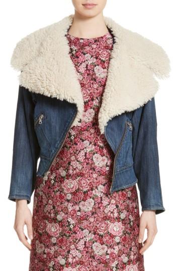 Women's Adam Lippes Stretch Denim Moto Jacket With Removable Genuine Lamb Fur Collar