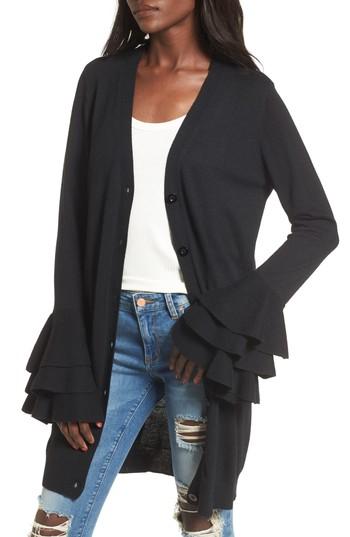 Women's Soprano Ruffle Sleeve Longline Cardigan - Black