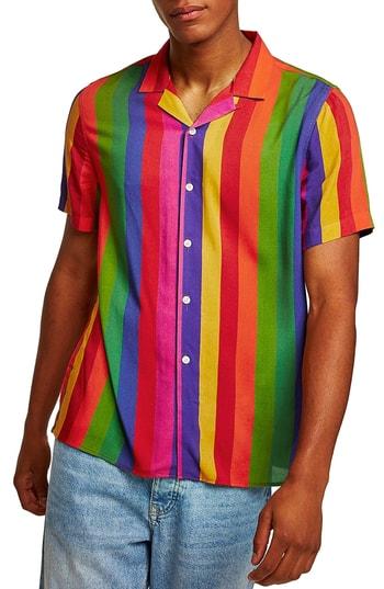 Men's Topman Rainbow Stripe Classic Fit Shirt - Red