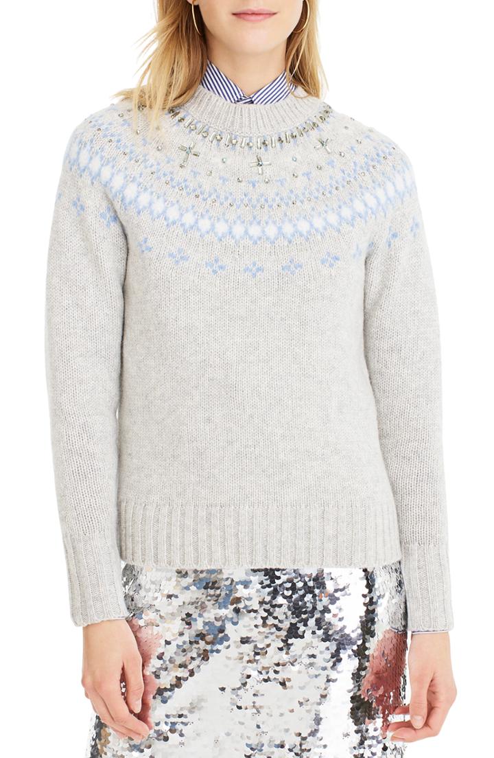 Women's J.crew Jewel Embellished Fair Isle Sweater - Blue