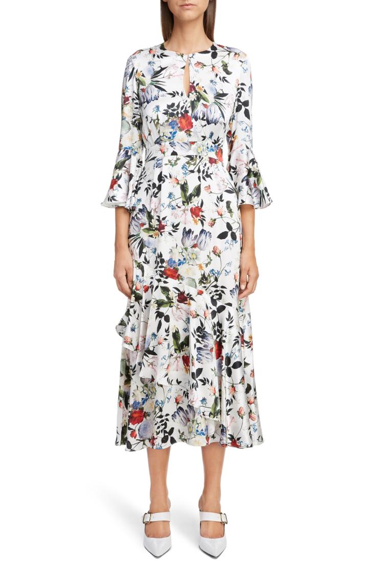 Women's Erdem Floral Silk Satin Frill Midi Dress