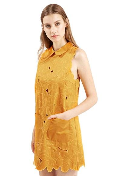 Women's Topshop Floral Cutwork Shift Dress, Size 12 (14 Us) - Yellow